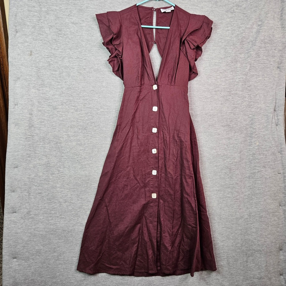 Charlie Holiday Burgundy Ruffle Sleeve Open Back Midi Linen Dress Size XS USA 2